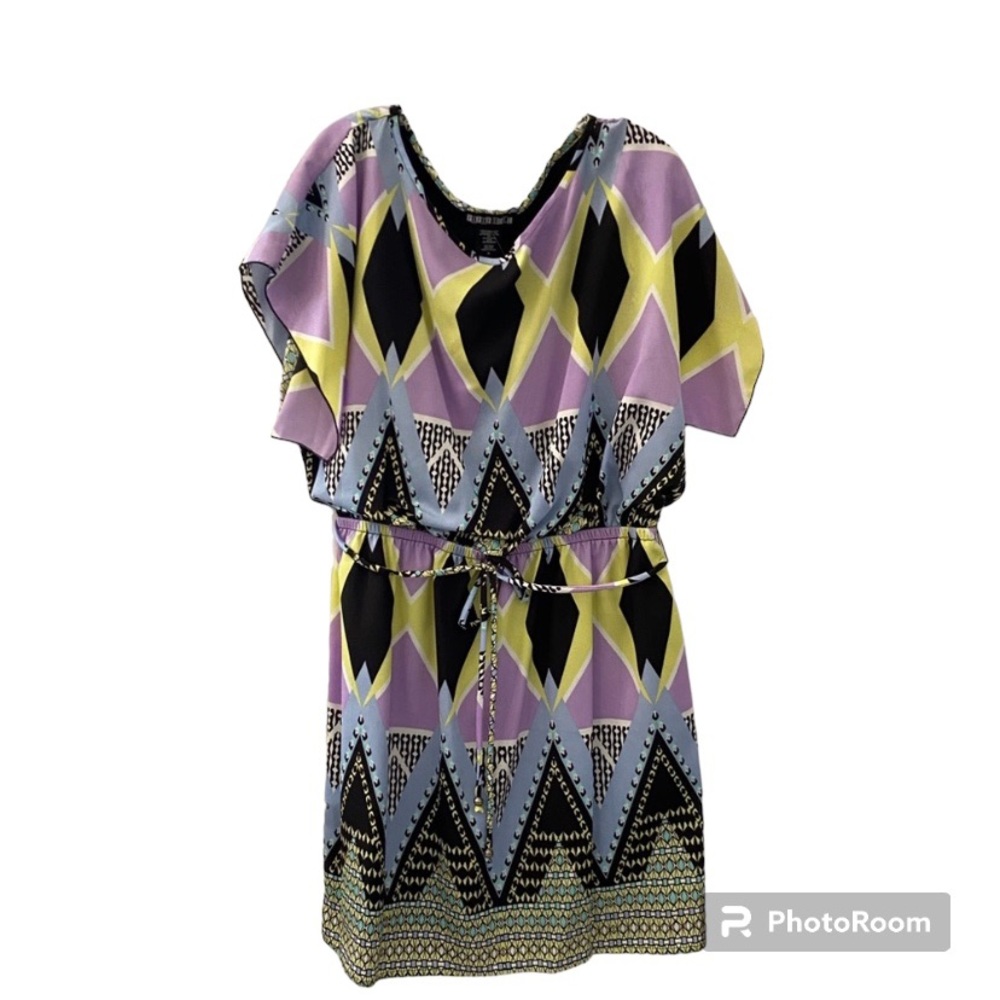 Paper Doll Multi Color Print Dress With Tie Belt Size XL New!